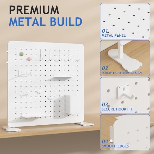 White Metal Desk Pegboard Organizer, 15.75 in with Hooks and Shelves - Image 7