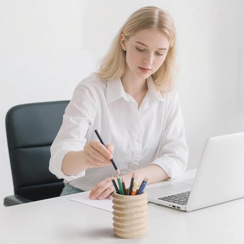 Pen Holder Stand for Desk, Natural Travertine Stone Makeup Brush Holders, Modern and Functional Pencil Cup for Office Supplies Tableware Organizer for Home Decor School Beige (PH90110) - Image 3