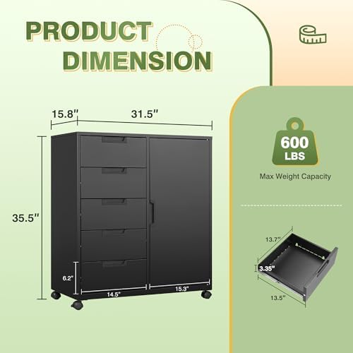 5 Drawer Metal Cabinet, Office Storage Cabinet w/Universal Wheels, Printer Stand with Storage Shelves, Rolling File Cabinets for Home Office(Black) - Image 3