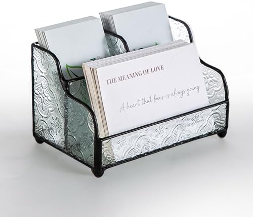 Vintage Embossed Glass Business Card Holder, 3 Slots Name Cards Display Storage Holder Black Metal Business Card Display Stand for Desk, Office, or Reception by Giadun