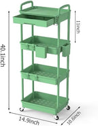 4 Tier Rolling Utility Cart with Drawer, Plastic Storage Organizer Rolling Carts with Wheels Handles Hanging Cups Hooks for Office, Bathroom, Kitchen,Craft Art Room (Green) - Image 2