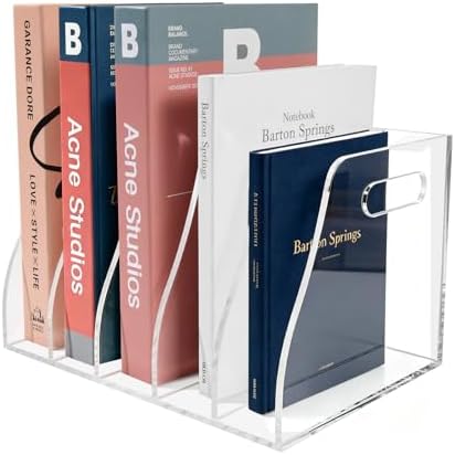 Acrylic Magazine File Holder with Carrying Handle, 5 Vertical Compartments Desk File Organizer, Clear File Sorter for Office, Magazines, Books, B5 Size by Unknown