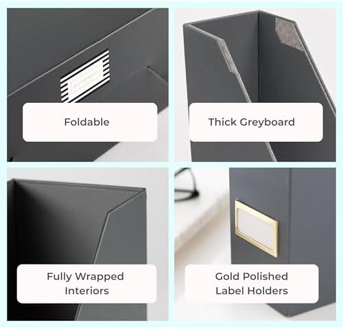 BLU MONACO | Set of 6 Foldable Grey Magazine File Holders with Gold Label Holders | Vertical File Organizer Boxes for Desk, Bookshelf & Home Office Storage - Image 7