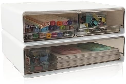 2 Packs Large Stackable Desk Organizer Drawers, Plastic Desk Storage Drawers, Makeup Organizer Drawers with 3 Drawers for Desk, Home, School, Desktop, Dressing Table(White) by Zynersfocusonofficesupplie