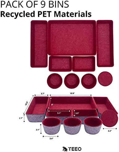Teeo - Drawer Organizers - Office Supply Organizer - Desktop Drawers - Organizing Containers - Jewelry Tray Makeup Storage Home Dividers Compartment Desk Caddy Cosmetic Bins - Pack of 9, Burgundy - Image 3
