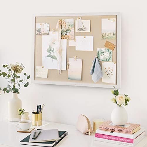 Miratino Large Bulletin Board 23x18 inch with Linen Cork Boards Wall Decor Hanging Pin Wood Framed Display Bulletin Cork Photo Picture Board Light for Room School Office 20-Pushpin Vintage White - Image 4