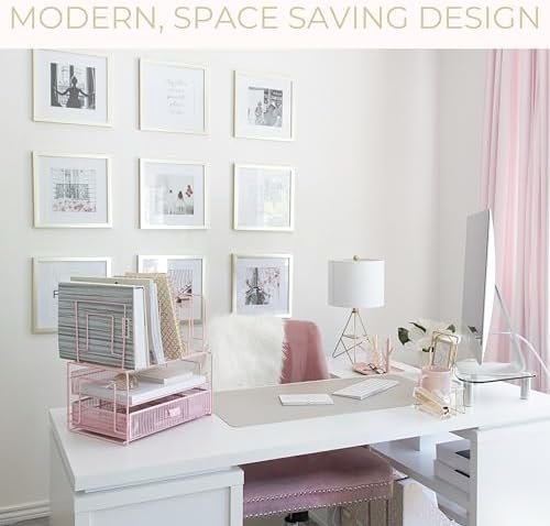 BLU MONACO | Pink Desk Organizer with Drawer | Wire Mesh Desk Organizer File Sorter | Metal Desktop Storage for Office Workspace - Image 6
