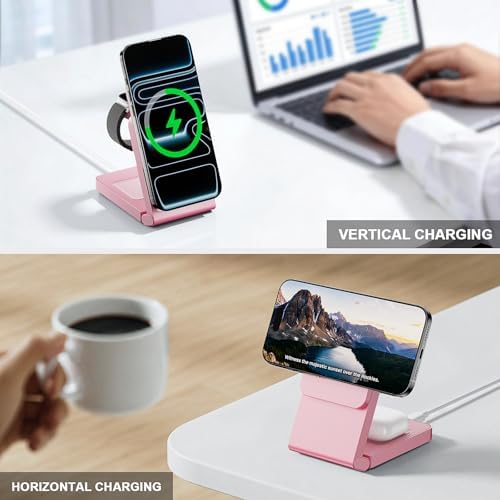 3-in-1 Charging Station for Apple Devices, Foldable Magnetic Wireless Charger Stand, Fast Charger Station for iPhone17/16/15/14/13/12 Pro Max/ AirPods2/3/4 and IWatch Ultra Series(Pink) - Image 3