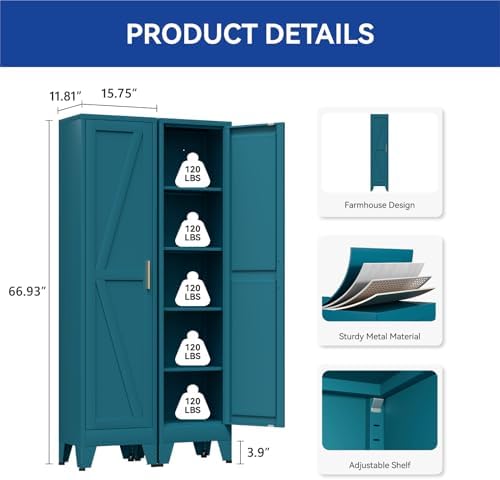 COFaR 67'' Tall Narrow Bathroom Storage Cabinet, Metal Farmhouse Skinny Pantry Cabinet with 4 Adjustable Shelves and One Door, Slim Cabinet Storage for Kitchen Laundry, 5-Tier Peacock Blue - Image 3