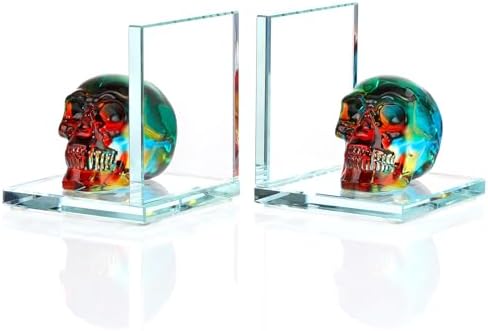 Glass Skull Book Ends for Shelves with Plating Multicolor Crystal Skulls by Ornalrist