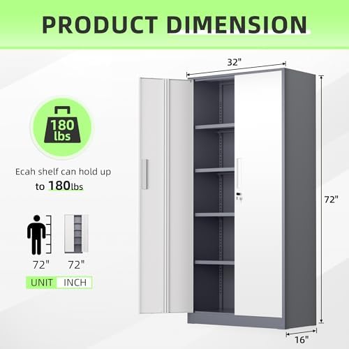 INTERGREAT Metal Storage Cabinet, 72" Locking Steel Cabinets with 2 Door and 4 Adjustable Shelves, Tall Metal Cabinet for Home Office, Garage, Warehouse,(New Grey) - Image 3