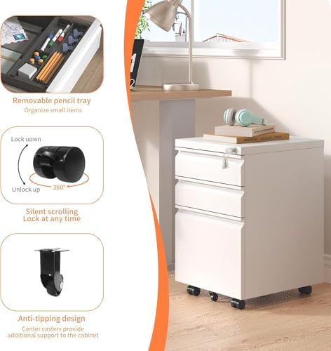 Guizeeopo 3 Drawer File Cabinet with Lock, File Cabinets for Home Office,Under Desk Cabinet, Locking File Cabinet for A4/Letter/Legal, Fully Assembled Expect Casters, Matte White - Image 6