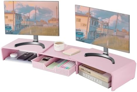LEKETREE Dual Monitor Stand Riser with Drawer, Desk Organizer and Accessories, Pink Monitor Stand for Desk, Desktop Stand for Computer, Laptop, TV and More (Pink) by Stylishworkspaceeffortlessorganization