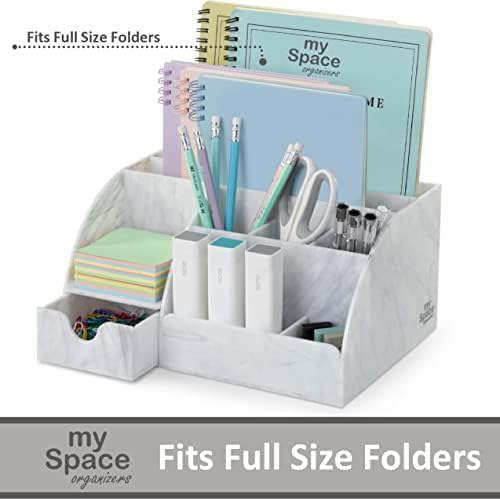 My Space Organizers Marble Desk Organizer For Office Supplies And Accessories - 9 Sections - Pencil Pen Holder Storage - Desktop Organization Decor Essentials (White Grey Marble) - Image 3
