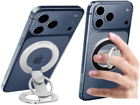 RESPECTED BRO Magnetic-Phone-Ring-Holder with Dual Rings, Compatible with iPhone 17/16/15/14/13/12, Multifunctional Stand for Desk,Office,Gym,Kitchen & All Metal Surfaces, Finger Loop Grip (Silver) by RespectedBro