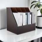 KINGFOM 4-Slot Wood Leather Document Files Holder Rack Stand Desk Files Organizer Papers Collection Cabinet (4 slot brown) - Image 6