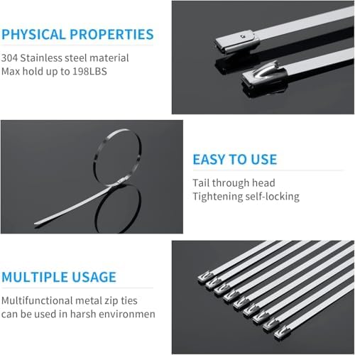 XINGO 11.8 inch Metal Zip Ties (600 Pack), 304 Stainless Steel Heavy Duty Zip Ties, 300lbs Tensile Strength, Multi-Purpose Self-locking Cable Ties for Exhaust Wrap, Outdoor and Canopy Etc - Image 4