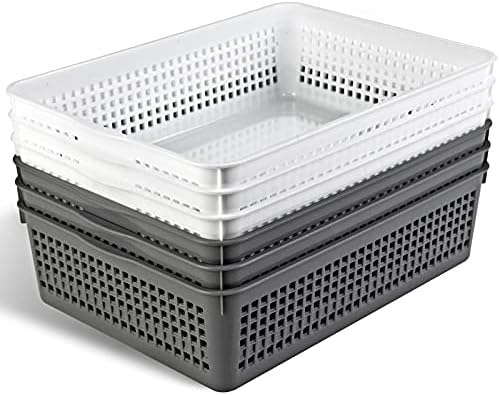 Eslite A4 Size Plastic Storage Basket,Desktop File Paper Letter Organizer Tray, 6-Packs (White+Grey) - Image 7