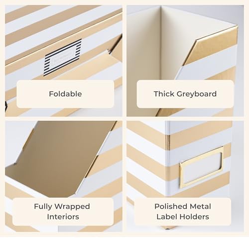 BLU MONACO | Cardboard Magazine File Holder Set of 4 Gold White Stripes | Vertical Magazine File Holder with Label Slots | Standing File Holder and Cardboard Bins for Shelves Desk Classroom - Image 6
