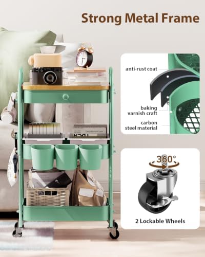 ALVOROG 3 Tier Metal Rolling Cart with Drawer,Wood Top,Pegboards,Green - Image 5