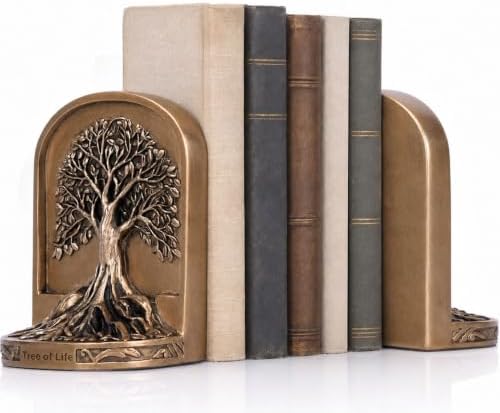 Antique Bronze Color Tree of Life Bookends Set, 2 Non-Skid Heavy Bookends for Shelves or Bookcase, Decorative Bookends for Desktop Shelf Decor, Library Office Decor, Home Décor Gift by QIANLING