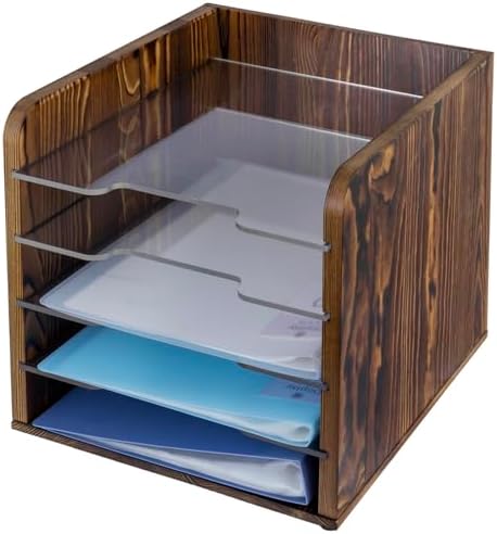 MyGift 5 Tier Deluxe Rustic Solid Wood Desktop File Letter Folder Holder Storage Bin with Removable Clear Acrylic Trays by MyGiftHome