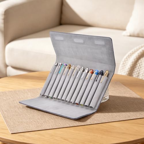 12 Suede Leather Fountain Pen Case Portfolio Divider Slot, Magnetic Closure - Image 2