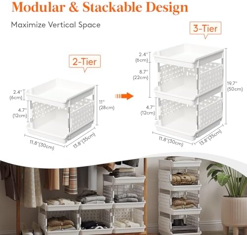 Lifewit 3 Tier Plastic Stackable Storage Baskets for Clothes 1 Pack, White - Image 4