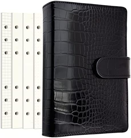 PU Leather Personal Notebook Planner with 80 Pages Loose-Leaf Papers 6 Holes Ring Binder Pen Holder Magnetic Buckle (Black Faux Crocodile Texture, A6 Mini) by Zelten