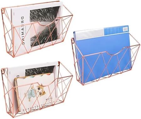 TQVAI Hanging Wall File Organizer 3 Pack, Metal Wall Mounted File Holder, No Assembly Required, Curved Pocket Paper Document Rack for Office Home School Magazine Mail Storage, Rose Gold by TQVAI