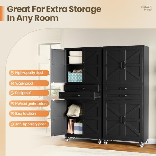 Black Metal Garage Storage Cabinet Rolling Kitchen Storage Pantry Cabinet - Image 6