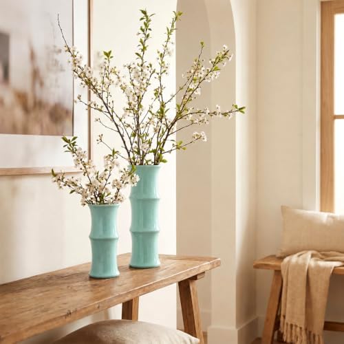Sage Green Ceramic Bamboo-Inspired Flower Vase Set of 2, Modern Home Decor - Image 7