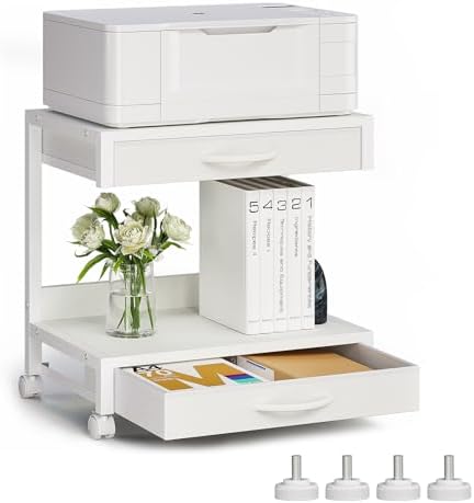VENNQD 2-Tier Desktop Printer Stand with 2 Fabric Drawers, Prtiner Table with Storage Shelf, Desk Organizer for Home Office,3D Printer,Fax Machine,Scanner (White, 2 Tier) by VENNQD