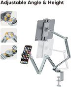 OMOTON GH03 Tablet Holder with 2 ABS Clamps, Aluminum Long Arm Mount, Grey - Image 4