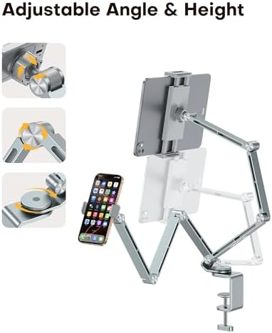 OMOTON GH03 Tablet Holder with 2 ABS Clamps, Aluminum Long Arm Mount, Grey - Image 4