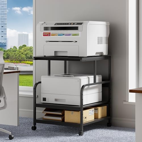 Warmiehomy Printer Stand, 24''×24''×29'' Large Printer Table for Home Office with Locking Casters, Sturdy 3-Tier Rolling Cart with Adjustable Shelf, Mini Fridge Stand, Home Office Essentials, Black by WarmieHomy