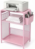 ECOLOVI Small 3 Tier Printer Stand for Under Desk, Height Adjustable Shelf Printer Table with 3 S-Hooks & Basket, Heavy Duty Industrial Storage Shelf for Home Office (Pink) by ECOLOVI