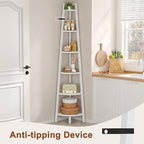 Hoctieon Corner Shelf, 6-Tier Corner Bookshelf, Rustic Ladder Shelf, Industrial Display Stand for Living Room, Kitchen, Home Office, Balcony, Small Space, Metal Frame, White - Image 3