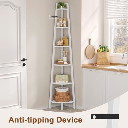 Hoctieon Corner Shelf, 6-Tier Corner Bookshelf, Rustic Ladder Shelf, Industrial Display Stand for Living Room, Kitchen, Home Office, Balcony, Small Space, Metal Frame, White - Image 3