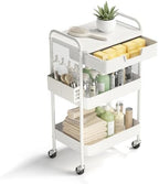 3 Tier Rolling Cart with Drawer, Metal Rolling Utility Cart on Wheels with Pegboard, Art Cart Storage Organizer with Tabletop for Living Room, Office, Bedroom (White) by HIDODO