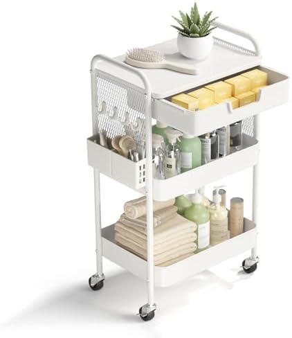 3 Tier Rolling Cart with Drawer, Metal Rolling Utility Cart on Wheels with Pegboard, Art Cart Storage Organizer with Tabletop for Living Room, Office, Bedroom (White) by HIDODO
