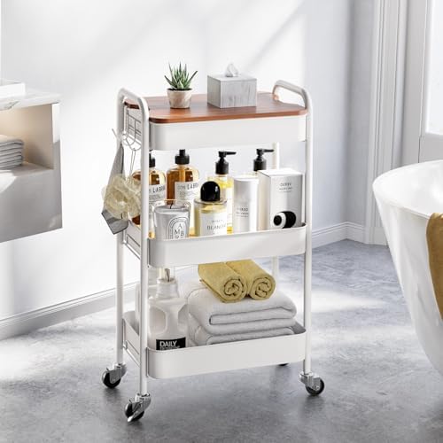 TOOLF 3 Tier Rolling Cart, Metal Utility Storage Cart with Wheels, White - Image 2