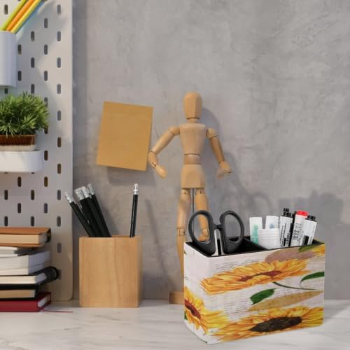 PU Leather Multi-Compartment Pen Holder Desktop Organizer Pencil Cup Storage Caddy for Office Home Supplies Hand Drawn Vibrant Yellow Watercolor Sunflowers Flowers Old Letters - Image 6