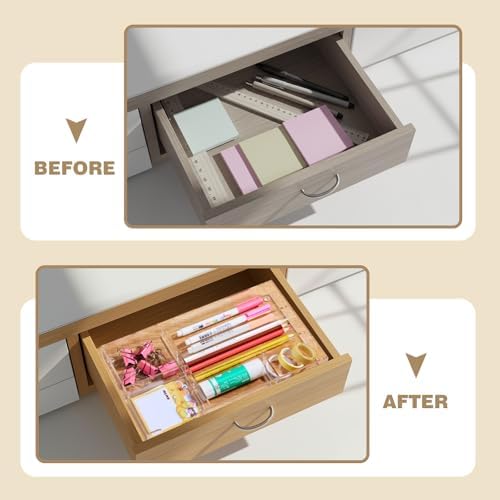 Briwooody 2 Pcs Clear Acrylic Desk Drawer Organizer 11 x 6 x 1.38 Inch Drawer Organizer Trays with 6 Compartments Desk Accessories for Office Makeup Silverware Bathroom - Image 4