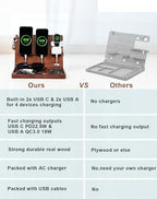 Wood Phone Docking Station with 4 USB 22.5W PD & QC3.0 Fast Charger,Nightstand Organizer for Men, Dual Phone Charging Station for iPhone Samsung Google Android,Anniversary Birthday Gifts for Men Him - Image 6