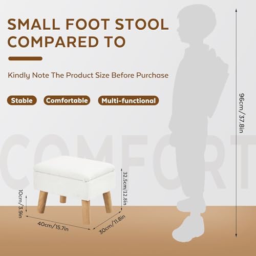 Storage Ottoman, Small Foot Stool Ottoman with Storage, Teddy Velvet Foot Rest with Wood Legs, Footstool for Living Room, Bedroom, Entryway, White - Image 2