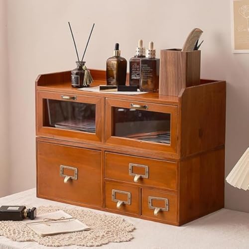 Desktop Organizer with 6 Drawers, Vintage Brown Desk Storage, Tabletop Drawer Cabinet with Acrylic Door, Wood Supplies Organizer for Living Room Office - Image 3