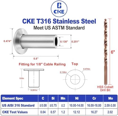 CKE 120 Pack T316 Stainless Steel Protector Sleeves for 1/8" Wire Rope Cable Railing, Marine Grade Protective Sleeves Deck Cable Railing Kit for Wood Posts DIY Balustrade, CR01 - Image 3
