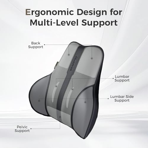 Coverado Lumbar Support Pillow for Car, Ergonomic Memory Foam Back Pillow for Office Chair, Back Cushion for Back Pain Relief, PU Leather Car Lumbar Support for Driving Seat - Black&Gray - Image 2