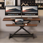 FLEXISPOT Standing Desk Converter 42" Premium Large Desk Riser for Triple Monitor, Spacious Desktop Sit Stand Workstation with Ergonomic Height Adjustment, Modern Stand Up Desk Riser, Walnut - Image 2